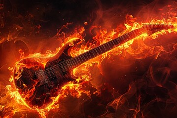 Fototapeta premium Guitar on fire, vividly contrasting with a black background, showcasing a powerful and intense image, Electric guitars blazing with fury, AI generated