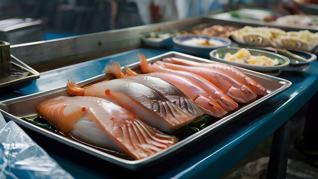 Exquisite Close-up of Fresh Seafood Plates at a Tokyo Fish Market &ndash; A Captivating Image with Sharp Linework, Translucent Texture, and Impeccable Detailing, Captured on Getty Images