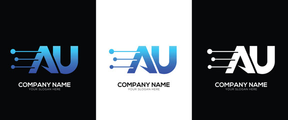 Letter AU or UA brand tech logo identity with line style minimal logo template