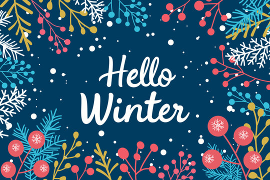 Hello winter snake banner, with rowan, pine branches and falling snowflakes for design of poster, card, banner, cover, flat lay. Christmas vector illustration with "Hello Winter" lettering.
