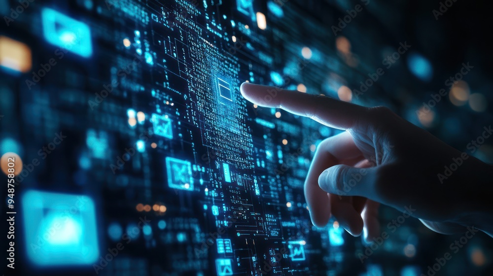 Poster cybersecurity and digital security: a hand interacting with a digital interface