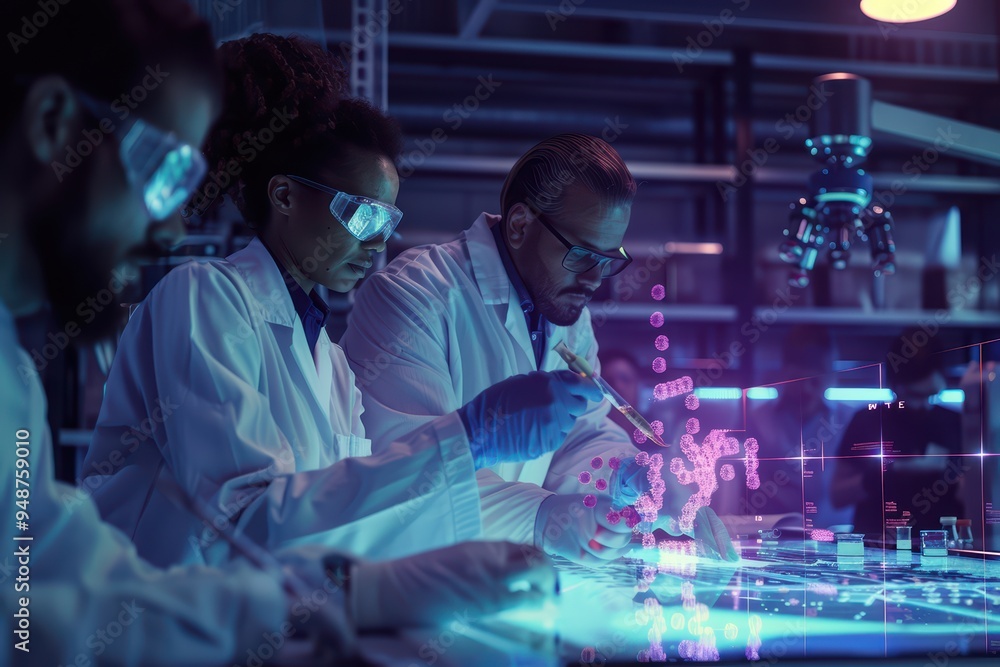 Poster a team of scientists conducts research in a modern laboratory, using advanced technology to explore 
