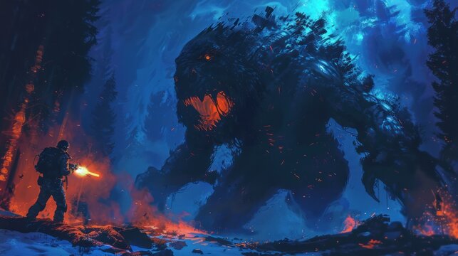 Fantastic scene with a large threatening monster and a soldier firing a machine gun in the foreground.