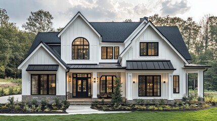 farmhouse revival, this farmhouse exterior design combines classic white siding with modern dark accents for a timeless aesthetic