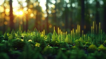 Abstract green bar chart over blurred forest landscape, showing the combination of futuristic technology and natural elements for a unique data analysis concept.