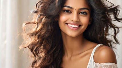 Fototapeta premium Indian woman in early twenties with flawless, glowing skin. Portrait captures the essence of her youthful elegance and happiness.