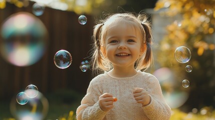 Joyful Child Playing with Bubbles in a Sunlit Garden