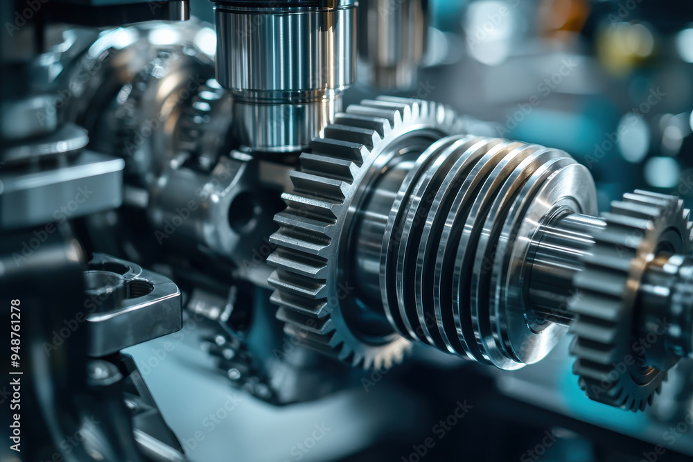 Poster close-up view of a metallic gear in a high-precision machine, showcasing intricate details and moder