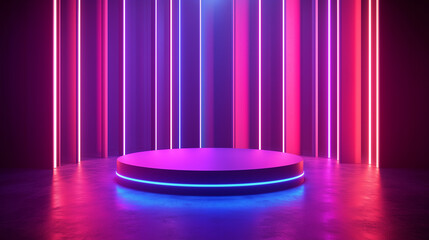 Neon style 3D cylinder pedestal podium with futuristic and modern lights. Platform with empty space for product presentation, black friday sale, cyber monday, advertising. 