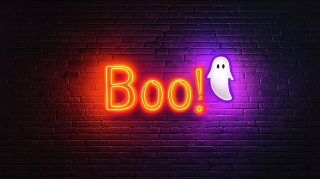 Colorful neon sign reads 'Boo!' with a playful ghost, perfect for Halloween-themed decorations or spooky events.