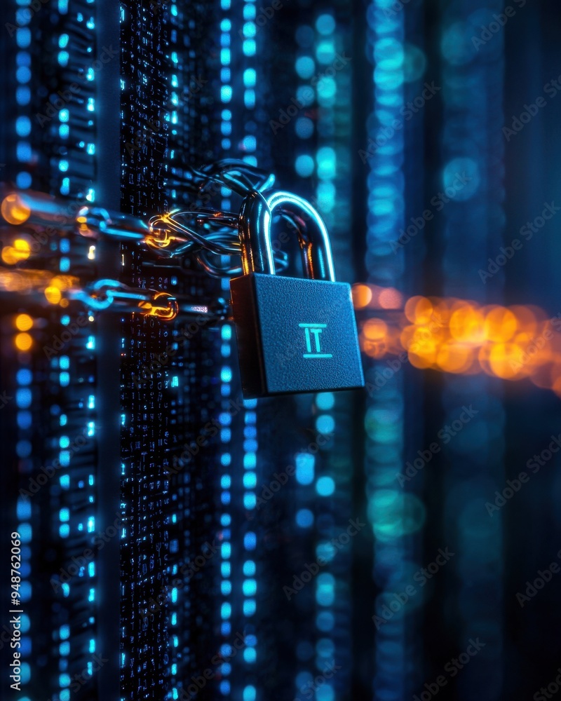 Poster a close-up of a padlock against a backdrop of vibrant digital data streams, symbolizing cybersecurit