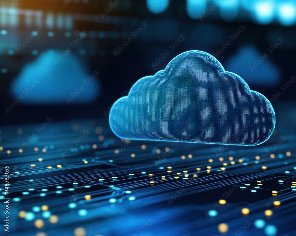 Poster a digital cloud icon surrounded by glowing lines and dots, representing data transfer and modern tec