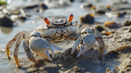 A crab on the beach with its claws raised. This image is great for illustrating articles about marine life or the beach.