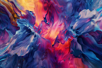 A colorful painting of flowers with a blue and pink background