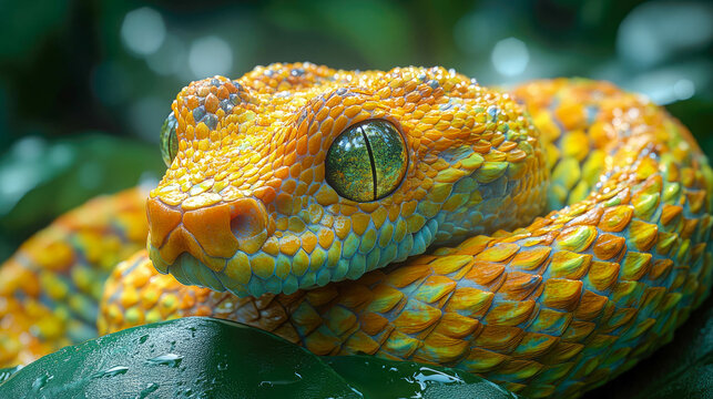 Close-up of a beautifully detailed pit viper coiled on a branch, showcasing its vibrant orange and yellow scales in a striking nature shot.