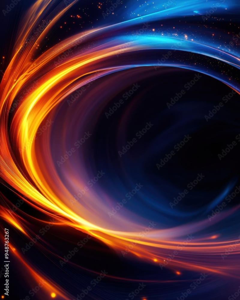 Poster a mesmerizing blend of vibrant orange and blue swirls, creating a dynamic visual effect against a da