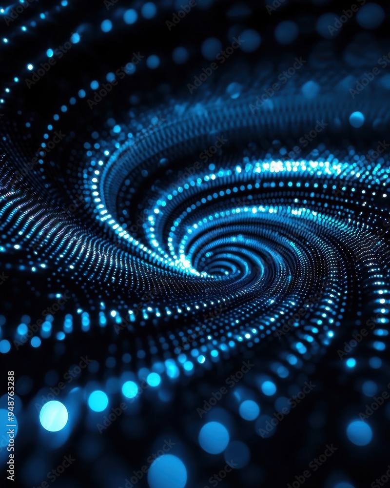 Poster a mesmerizing swirl of blue dots creating a stunning digital vortex, perfect for technology and abst