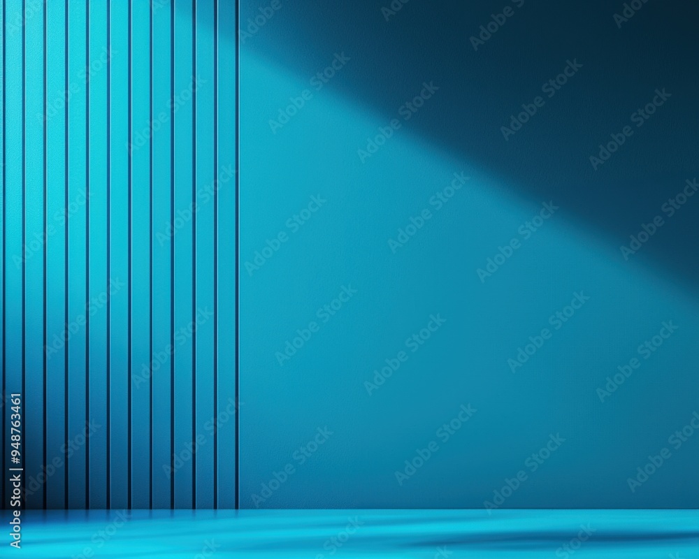 Poster a minimalist blue wall with vertical lines and soft lighting, perfect for background or abstract des
