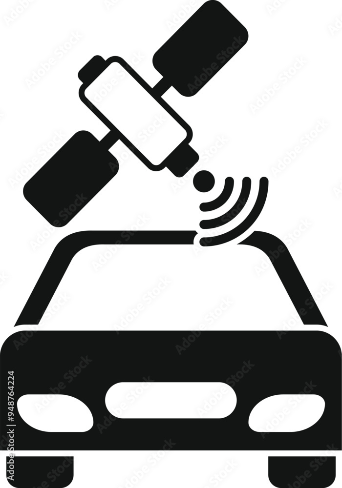 Poster this simple black and white vector icon represents a car receiving a signal from a satellite navigat