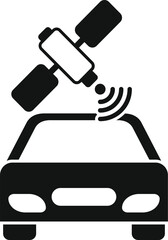 This simple black and white vector icon represents a car receiving a signal from a satellite navigation system