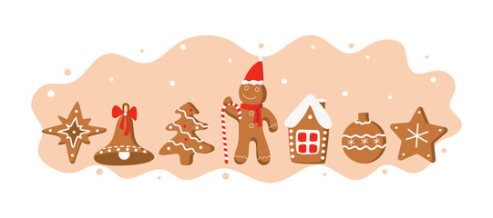 Christmas gingerbread man, house, tree, stars. Christmas figurines. New Year banner. Holiday cookies, traditional dessert, baking. Winter holiday, vector illustration, isolated background.