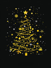 Fototapeta premium Golden Christmas Magic - A minimalistic Christmas tree design in glowing gold on a black background, adorned with festive ornaments and a shining star.