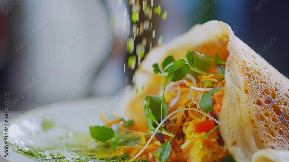 Sticker Close-up of a crispy crepe filled with fresh vegetables and herbs being topped with green spices.