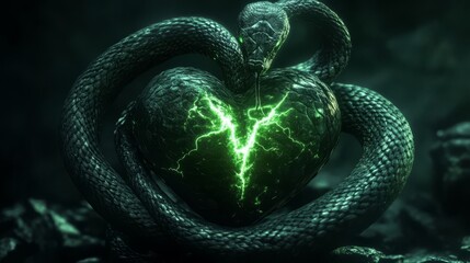 A snake with glowing eyes coils around a cracked heart glowing with green light, symbolizing danger, power, and mystery in a dark setting.