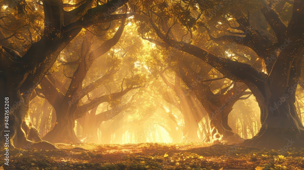 Poster majestic forest with golden light filtering through ancient trees, creating a serene and enchanting 