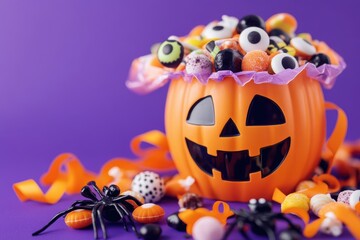 Halloween jack-o-lantern bucket overflowing with colorful candy on a purple background