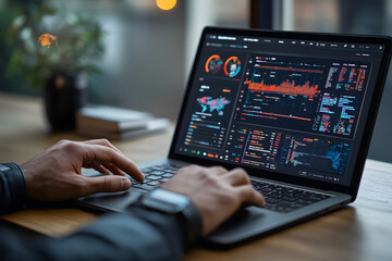Man working on a computer and monitor shows the data on the screen, screen showing charts and diagrams 