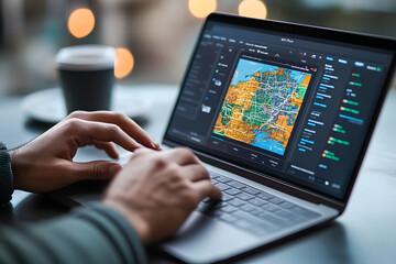 A man is working on his laptop, which displays a geographic map with various regions
