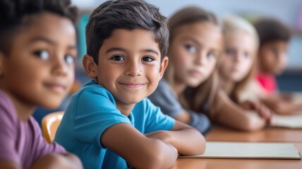 Happy boy smiling while sitting at a desk in a classroom Children sitting at desks First day of school