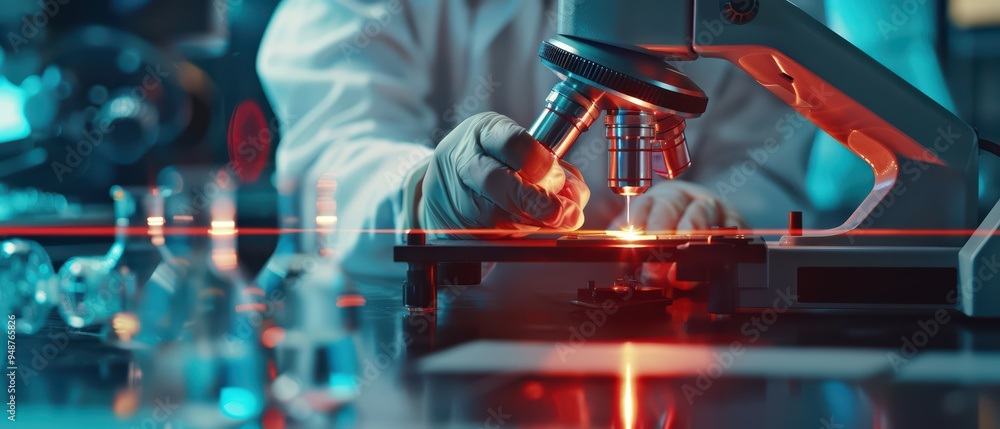 Poster scientist examining a sample under a microscope in a modern laboratory with vibrant lighting and var