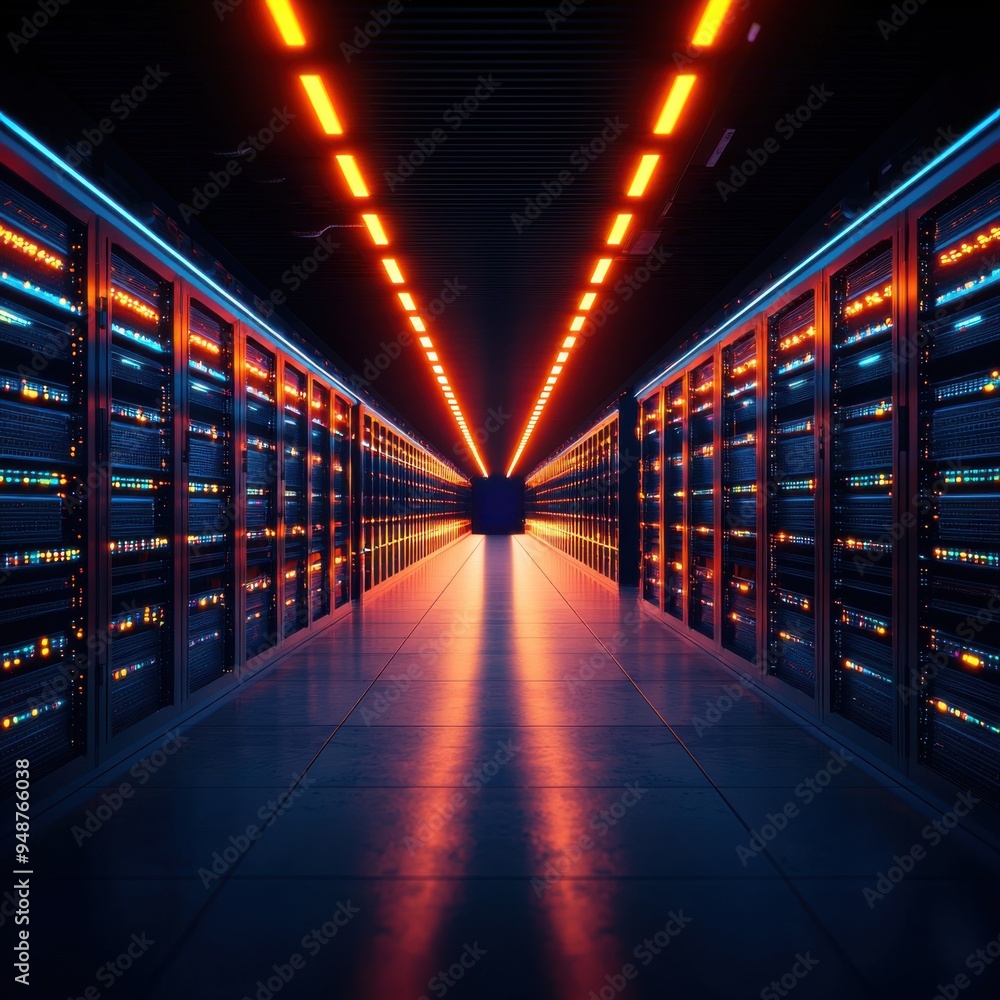 Poster futuristic data center corridor bathed in neon lights, showcasing rows of servers in a high-tech env