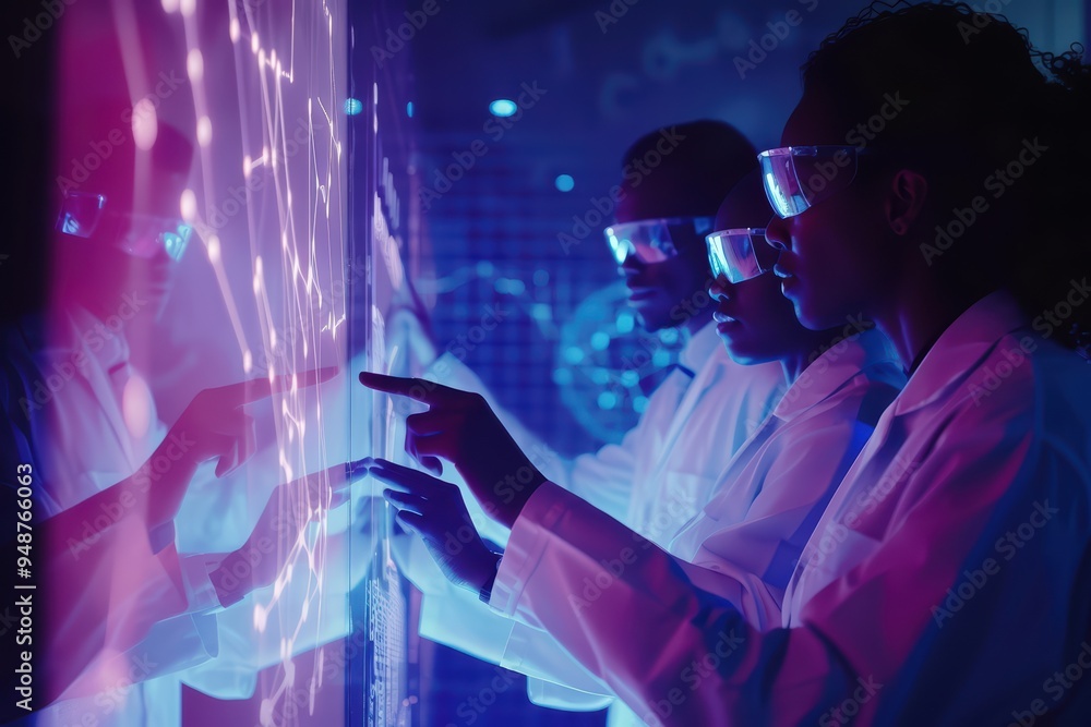 Poster scientists analyzing data on a holographic display in a futuristic lab environment with vibrant ligh