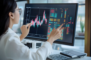 Fototapeta premium Professional woman sitting at the desk in her office and lookin at the monitor screen and showing at the computer and pointing at data that she sees at the screen