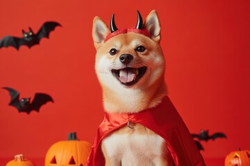 Shiba Inu dressed as a devil with bats and pumpkins in a bright Halloween scene