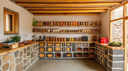 Rustic kitchen with stone and wood detailing, featuring a wooden countertop, shelves filled with jars of spices and grains, and a red toaster.