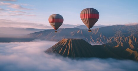 Obraz premium A photo of two hot air balloons floating above the misty Mount Bromo in Indonesia, with a background of hills and sky Generative AI