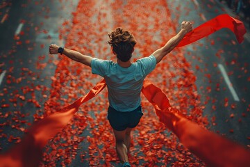 Runner Crossing the Finish Line, Breaking the Red Tape