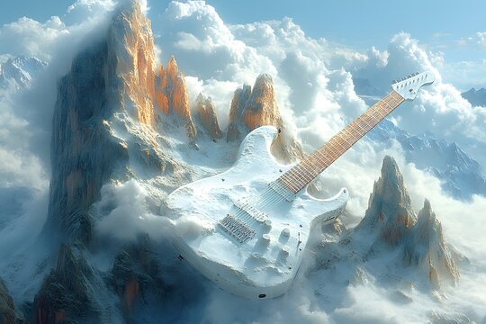 Surreal Landscape Where A Mountain Range Forms The Shape Of A Guitar, The Strings Stretching Across The Peaks