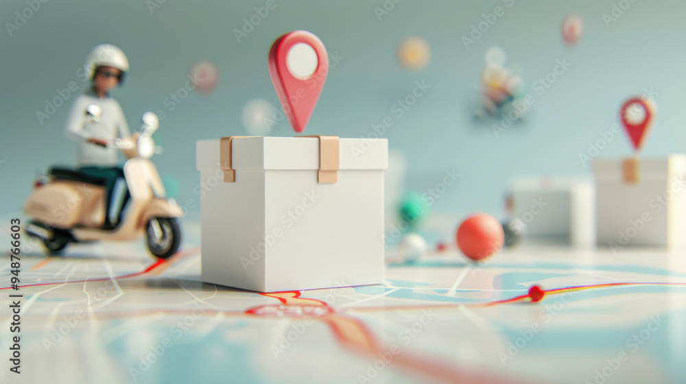 Poster A delivery scene featuring a scooter and box with a location pin over a map, representing logistics and shipping concepts.