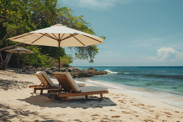 A beach scene with two beach chairs under a large umbrella