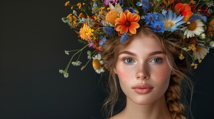 Naklejka premium Portrait of a young woman adorned with a vibrant flower crown, with flawless makeup and radiant complexion, against a dark background highlighting her beauty.