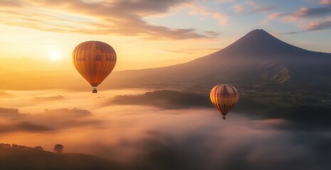 Two hot air balloons floating above the foggy mountains, with a sunrise in the background Generative AI