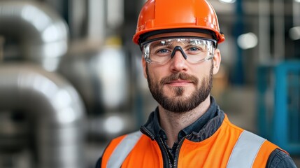 Portrait of a confident male engineer worker in safety gear, ready for industrial challenges in a modern facility.