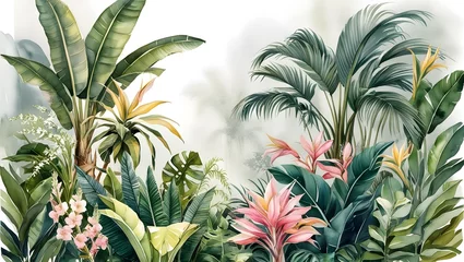 Papier peint photo Tropical jungle palm trees, banana tree. Botanical Jungle watercolor illustrations plants. 