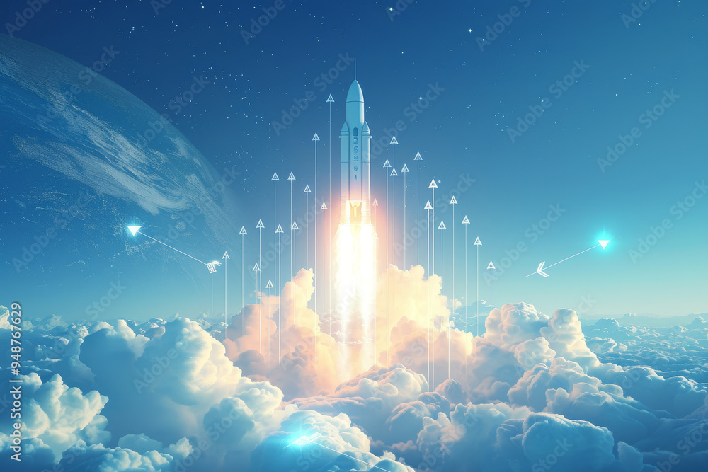 Poster a rocket is launching into space with a planet in the background