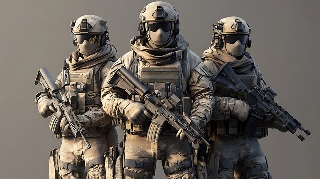 Three Soldiers in Camouflage Gear Holding Rifles